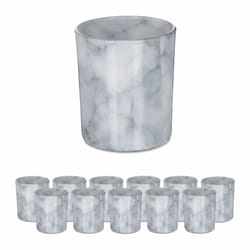 Lot de 12 photophores en verre pour bougies chauffe-plat, aspect marbre élégant, h x d : 8,5 x 7 cm, gris - Relaxdays
