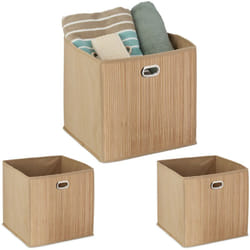 Relaxdays - 3x paniers de rangement bambou, corbeille de salle de bain carrée, boîte haute, 31 x 31 x 31 cm, pliable, nature