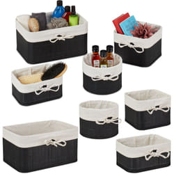 Relaxdays - Lot 8 Paniers de rangement, bambou, intérieur tissu, corbeilles salle de bain, armoire, 4 tailles, noir-creme