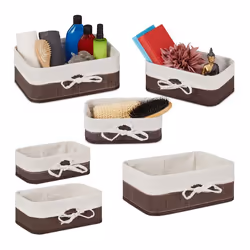 Lot 6 paniers de rangement tissu rectangulaire boîte armoire étagère panière 3 tailles diverses marron-blanc