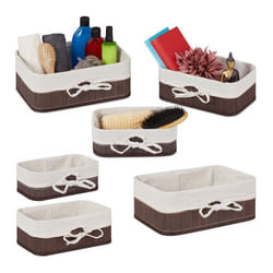 Lot 6 paniers de rangement tissu rectangulaire boîte armoire étagère panière 3 tailles diverses marron-blanc