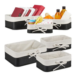 6x Paniers de rangement en bambou et tissu lot corbeilles salle de bain 3 tailles différentes noir-crème