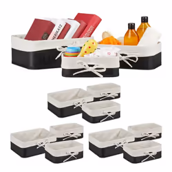 12x Paniers de rangement en bambou et tissu lot corbeilles salle de bain 3 tailles différentes noir-crème