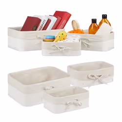 6x Paniers de rangement en bambou et tissu lot corbeilles salle de bain 3 tailles différentes panière blanc