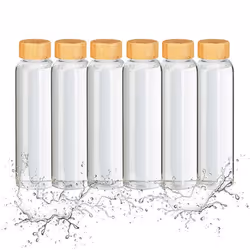 Relaxdays Gourde en verre lot de 6 500 ml bouteille bouchon bambou housse verre borosilicate transparent/noir