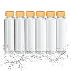 Relaxdays Gourde en verre lot de 6 500 ml bouteille bouchon bambou housse verre borosilicate transparent/noir