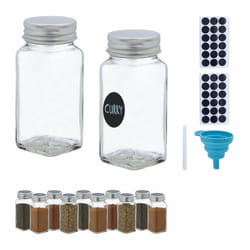 Lot de 12 pots à épices, avec entonnoir, verres à condiments, avec étiquettes, 120 ml, verre, transparent - Relaxdays