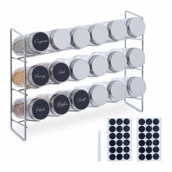 Relaxdays - tagère à épices avec 18 pots en verre, 36 étiquettes, conservation épices, HxLxP : 22 x 29 x 9,5 cm, argenté