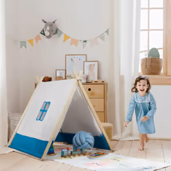 Tente pour enfants, avec fenêtre et porte, h x l x p : 92 x 86 x 120 cm, intérieur et extérieur, blanc et bleu - Relaxdays