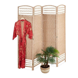 Relaxdays Paravent à 4 volets pliable corde de papier tiges en bambou bois HxL 180 x 180 cm pour intérieur nature