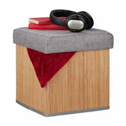 Tabouret rangement, rembourré, pliable, bambou, tissu, HxLxP : 36 x 35 x 35 cm, repose-pieds, nature-gris - Relaxdays