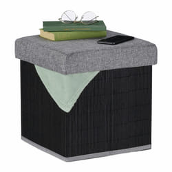 Tabouret rangement, rembourré, pliable, bambou, tissu, HxLxP : 36 x 35 x 35 cm, repose-pieds, noir-gris - Relaxdays