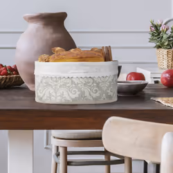 Relaxdays - Corbeille à pain en bambou, insert tissu, motif floral, croissants, panier ovale, petit-déjeuner, gris-blanc