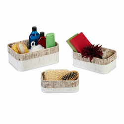 Relaxdays Panier de rangement bambou et tissu, lot de 3, corbeilles salle de bain, 3 tailles différentes, blanc/beige