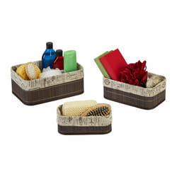 Relaxdays - Panier de rangement bambou et tissu, lot de 3, corbeilles salle de bain, 3 tailles différentes, marron/beige