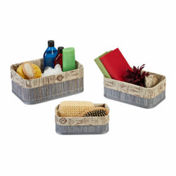 Relaxdays - Panier de rangement bambou et tissu, lot de 3, corbeilles salle de bain, 3 tailles différentes, gris/beige