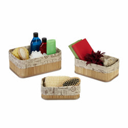Relaxdays - Panier de rangement bambou et tissu, lot 3, corbeille salle de bain, trois tailles différentes, nature-beige