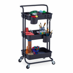 Desserte à roulettes, 3 niveaux, 2 freins, multi-usage pour cuisine, bureau, en métal, hlp : 86x43x42cm, noir - Relaxdays