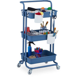 Relaxdays - Desserte à roulettes, 3 niveaux, 2 freins, multi-usage pour cuisine et bureau, métal, hlp : 86x43x42cm, bleu