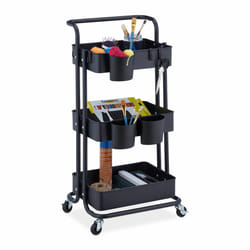 Desserte à roulettes, 3 niveaux, 2 freins, multi-usage pour cuisine & bureau, en métal, hlp : 86x38x39cm, noir - Relaxdays