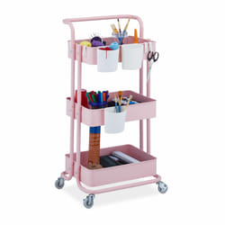Desserte à roulettes, 3 niveaux, 2 freins, multi-usage pour cuisine & bureau, en métal, hlp : 86x38x39cm, rose - Relaxdays