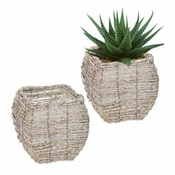 Relaxdays - Pots de fleurs, lot 2, rotin, cache-pots avec film, HxLxP: 20 x 20 x 20 cm, bacs pour intérieur, blanc-nature