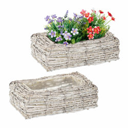 Relaxdays - Pots de fleurs, lot 2, rotin, cache-pots avec plastique, HxLxP: 8 x 27 x 17 cm, bacs intérieur, blanc-nature