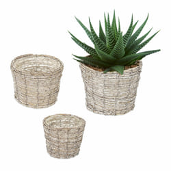 Relaxdays - Pot de fleurs, lot de 3, rotin, bac avec film, 3 tailles, cache-pots ronds pour intérieur, blanc-nature