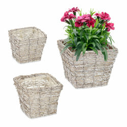 Relaxdays - Pot de fleurs, lot de 3, rotin, bac avec film, 3 tailles, cache-pots carrés pour intérieur, blanc-nature