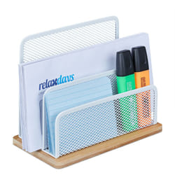 Relaxdays - Porte-lettres métal et bambou, 3 rangements, HxLxP: 15x18,5x10cm, pour bureau, range-documents, blanc - nature