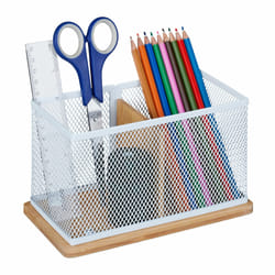 Relaxdays Porte-stylos bambou et métal, HxLxP: 11 x 19 x 10 cm, porte-stylos pour bureau, nature-blanc