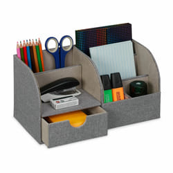 Relaxdays - Organiseur de bureau, tiroir et 6 espaces de rangement, aspect lin, HxLxP : 14,5x28x14,5 cm, décoratif, gris