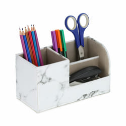 Relaxdays - Organiseur de bureau, porte-crayon 3 compartiments, effet marbre, h x l x p : 11 x 20 x 9 cm, rangement, blanc