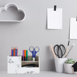 Relaxdays - Organiseur de bureau, porte-crayon 3 compartiments, effet marbre, h x l x p : 11 x 20 x 9 cm, rangement, blanc