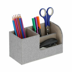 Relaxdays Organiseur de bureau, porte-crayon 3 compartiments, effet lin, H x L x P : 11 x 20 x 9 cm, rangement,gris