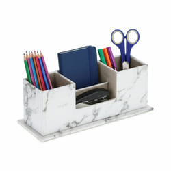 Relaxdays Organiseur de bureau, porte-crayon 4 compartiments, effet marbre, HxLxP : 11 x 29,5 x 11 cm, rangement, blanc