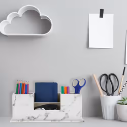 Relaxdays Organiseur de bureau, porte-crayon 4 compartiments, effet marbre, HxLxP : 11 x 29,5 x 11 cm, rangement, blanc