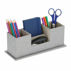 Relaxdays - Organiseur de bureau, 4 compartiments, plastique, effet lin, table travail, HxLxP : 11 x 29,5 x 11 cm, gris