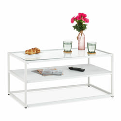 Table basse, acier, mdf, verre, niveaux de rangement, h x l x p : env. 42 x 90 x 49,5 cm, pour salon, blanche - Relaxdays