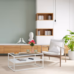 Table basse, acier, mdf, verre, niveaux de rangement, h x l x p : env. 42 x 90 x 49,5 cm, pour salon, blanche - Relaxdays