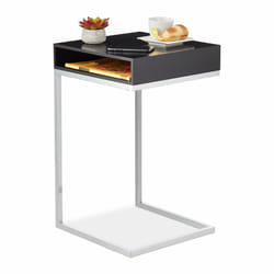 Relaxdays Guéridon, forme de C, HxLxP : 63x37x38 cm, table d’appoint près du canapé, MDF et métal, étagère, noir/argenté