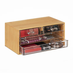 Organiseur de maquillage, bambou, 4 tiroirs, HxLxP : 11x23,5x15 cm, rangement bijoux, nature/transparent - Relaxdays