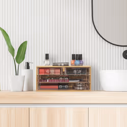 Organiseur de maquillage, bambou, 4 tiroirs, HxLxP : 11x23,5x15 cm, rangement bijoux, nature/transparent - Relaxdays