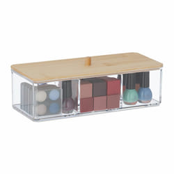 Organiseur maquillage couvercle bambou, 3 compartiments, rangement produits cosmétiques, transparent - nature - Relaxdays