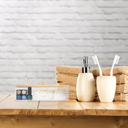 Organiseur maquillage couvercle bambou, 3 compartiments, rangement produits cosmétiques, transparent - nature - Relaxdays
