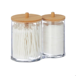 Relaxdays Rangement disques de coton et coton-tiges plastique couvercles en bambou organiseur transparent & nature