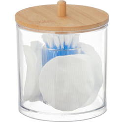 Relaxdays - Rangement disques de coton et coton-tiges, plastique, couvercle en bambou, organiseur, transparent & nature