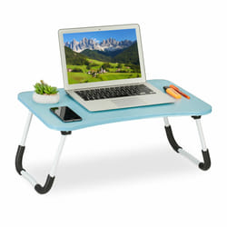 Relaxdays - Table de lit, tablette canapé, HxLxP : 26x63x40 cm, support pliable, ordinateur portable, mdf, fer, bleu clair