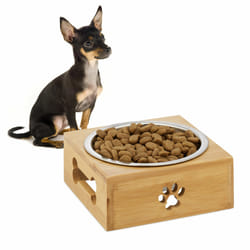 Relaxdays - Gamelle, 400 ml, pour eau et nourriture, avec socle en bambou, HxLxP: 6 x 14,5 x 14,5 cm, argenté - nature