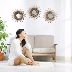 Relaxdays - Lot de 3 miroirs, forme ronde motif soleil, diamètre de 25 cm, décoration, cadre en plastique, doré